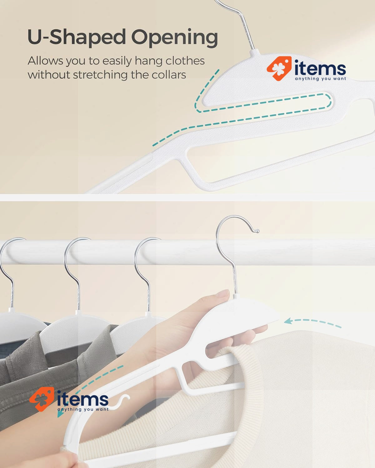 SONGMICS Set of 50 Plastic Hangers, Coat Hangers with U-Shaped Opening White