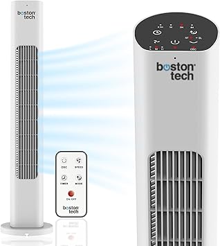 Boreas Tower Fan: Remote Control, Timer up to 7.5 Hours Touch Buttons White