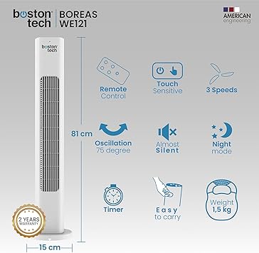 Boreas Tower Fan: Remote Control, Timer up to 7.5 Hours Touch Buttons White