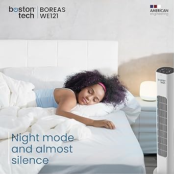 Boreas Tower Fan: Remote Control, Timer up to 7.5 Hours Touch Buttons White