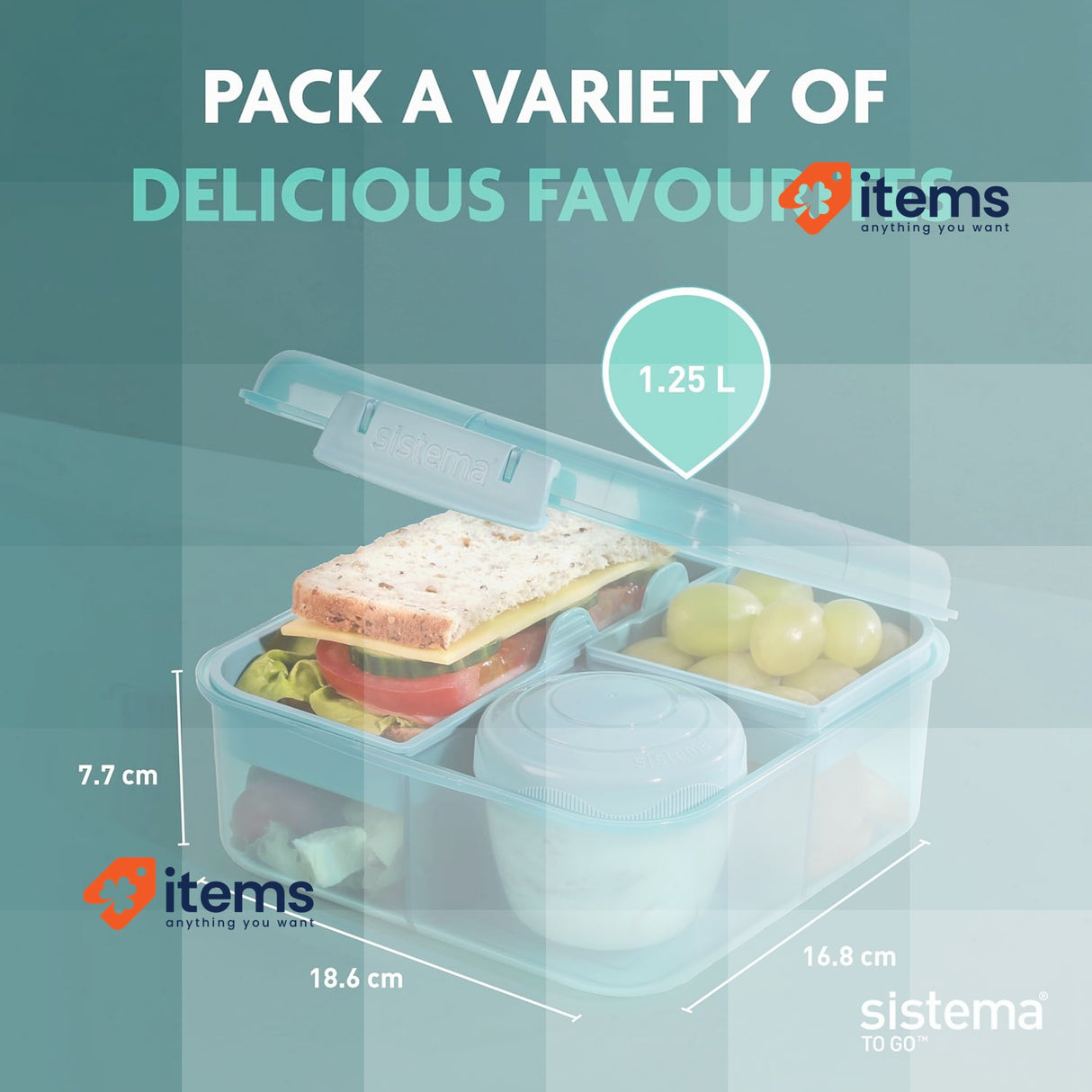 Sistema Bento Box To Go Lunch Box With Yoghurt/Fruit Pot 1.25 L Plastic Teal
