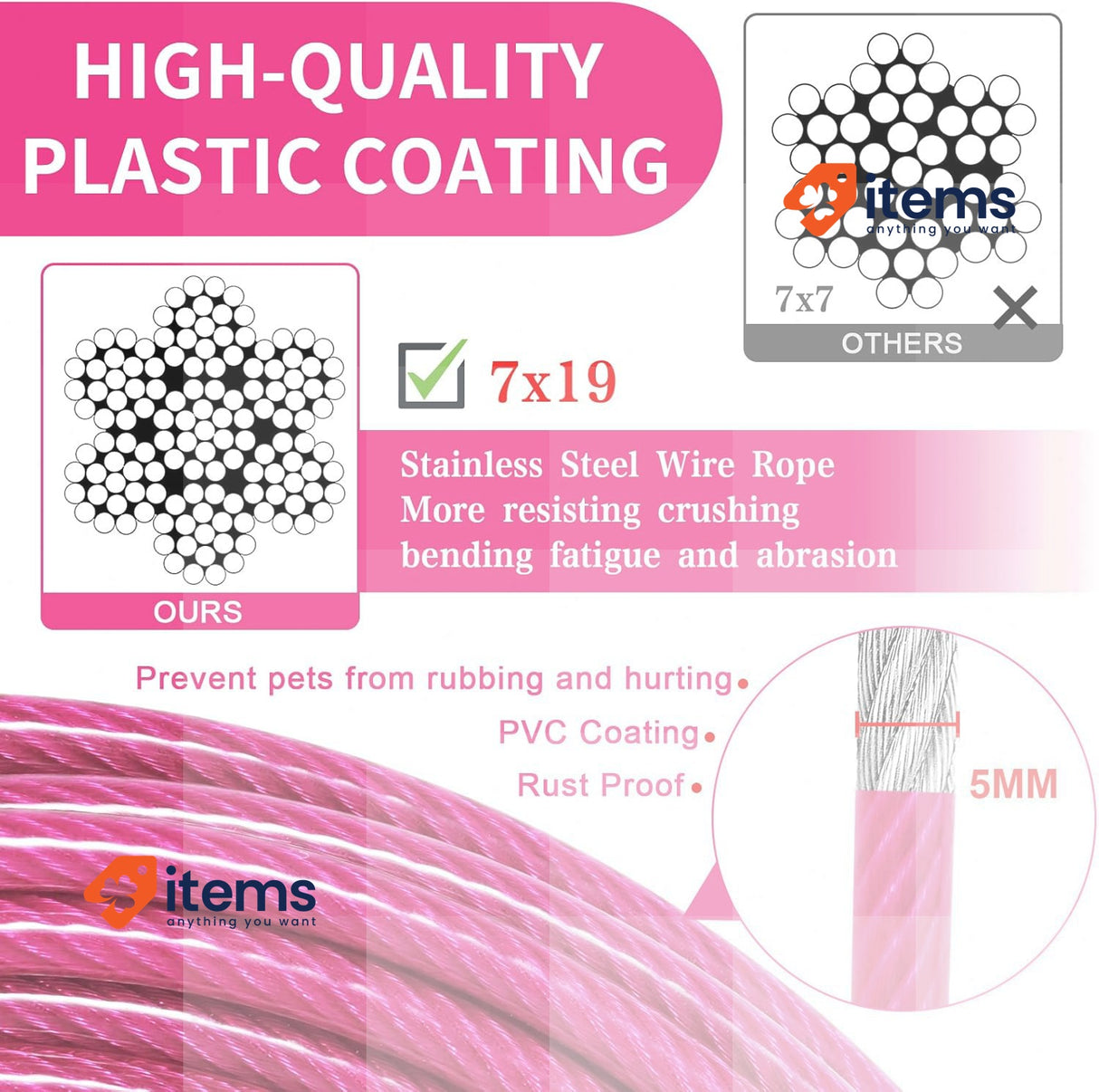 fengco Tie Out Yard Leads for Dogs 3/6/9/15 m PVC-Coated Rose Red, 9 m Cables