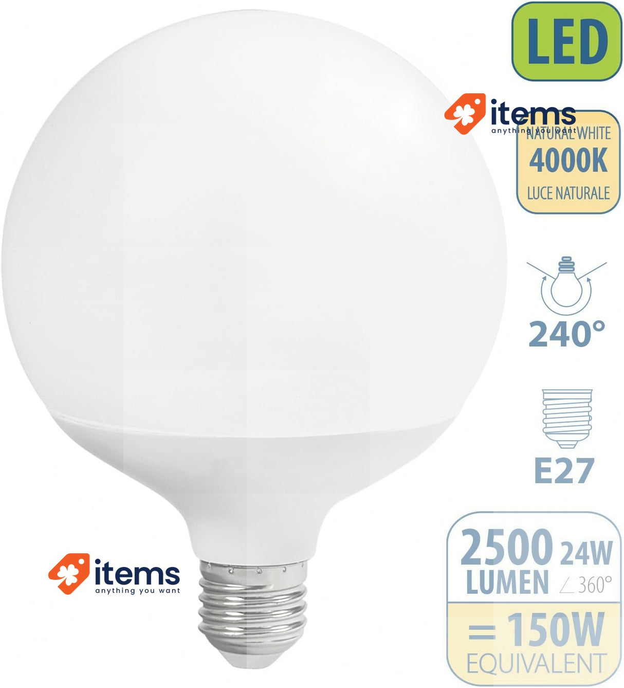 Velamp LED Bulb, Globe G125, 24W/2500lm, E27 Base, 4000K White 150W Equivalent