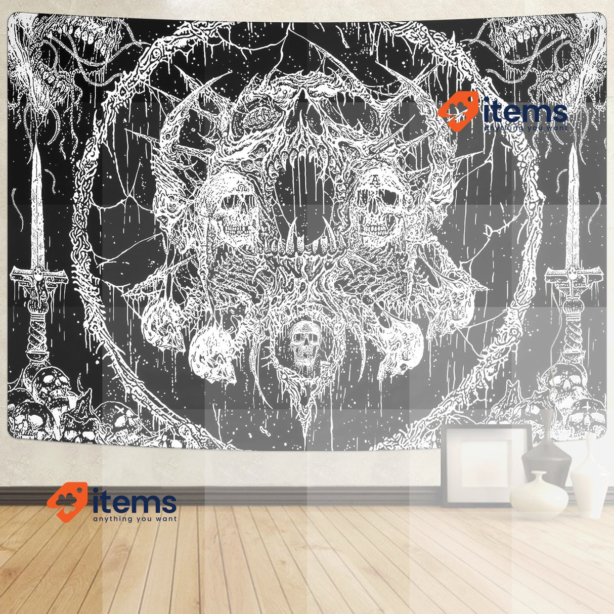 Yrendenge Skull Wall Hanging, Human Skull Sword 210 x 150 c