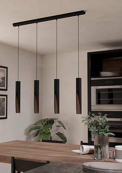 EGLO Barbotto -4 lights suspension LED lamp, black metal and wooden appearance