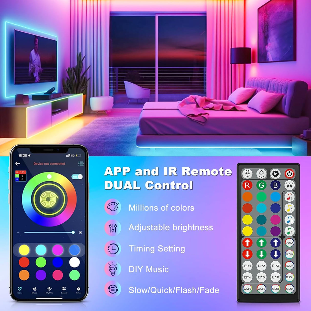 Realky RGB LED Strip Lights for Room, 10 Meters, Remote and App Control Multi