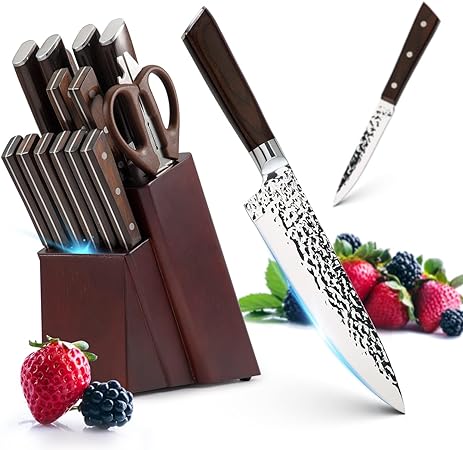 FEECOOL knife Set, Kitchen Knife Set,15 Pieces Knife Set with Block Brown