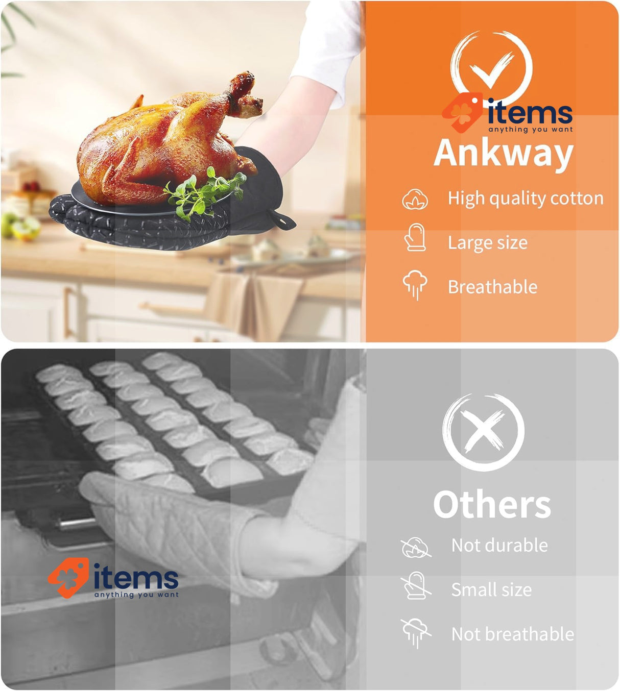 Ankway Oven Gloves, Set of 4, Heat Resistant and Non-Slip Baking Gloves Black