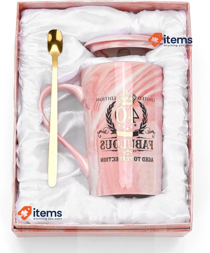 40th Birthday Gifts for Women, 12oz Gold Printed Ceramic Mug with Spoon, Pink