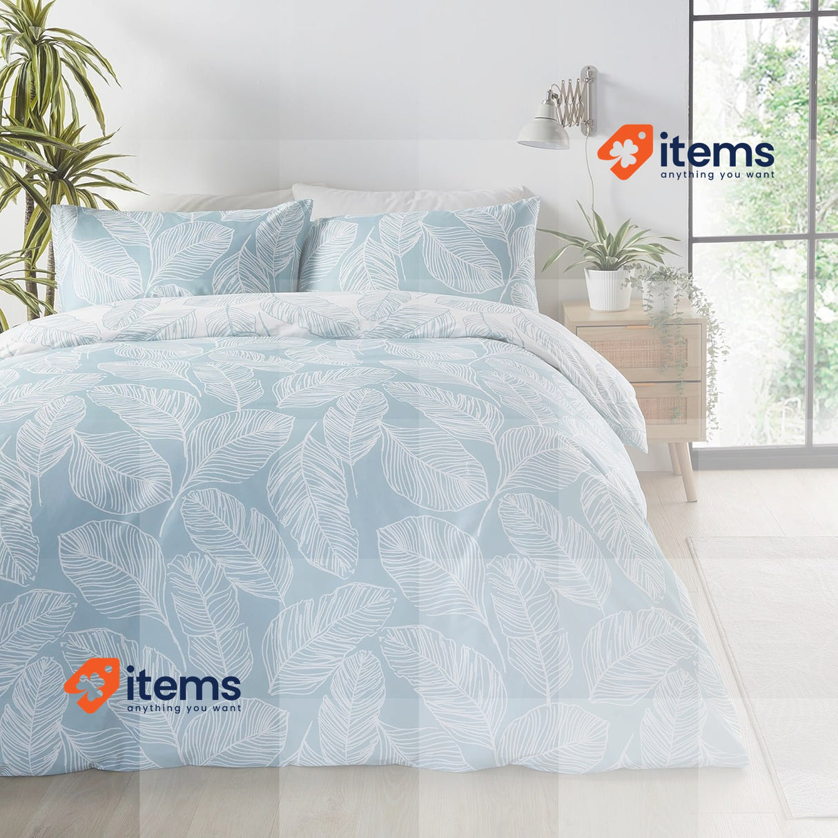 Fusion - Duck Egg Blue Leaf Duvet Cover - Double Bedding Size (200 x 200cm)