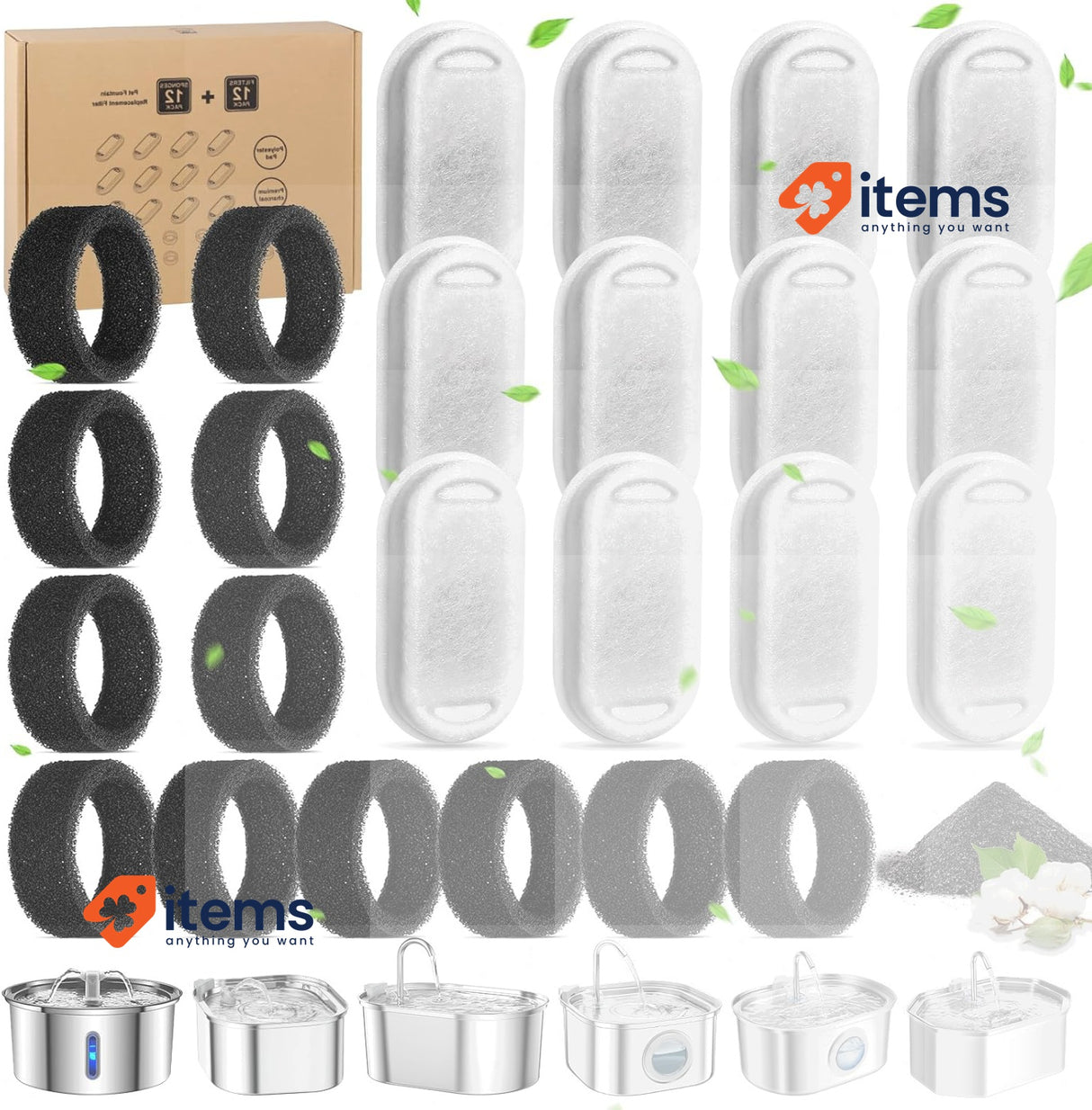 JAMATA Cat Fountain Filters 12+12, 12 Activated Carbon+12 Sponges for 3.2, 2L