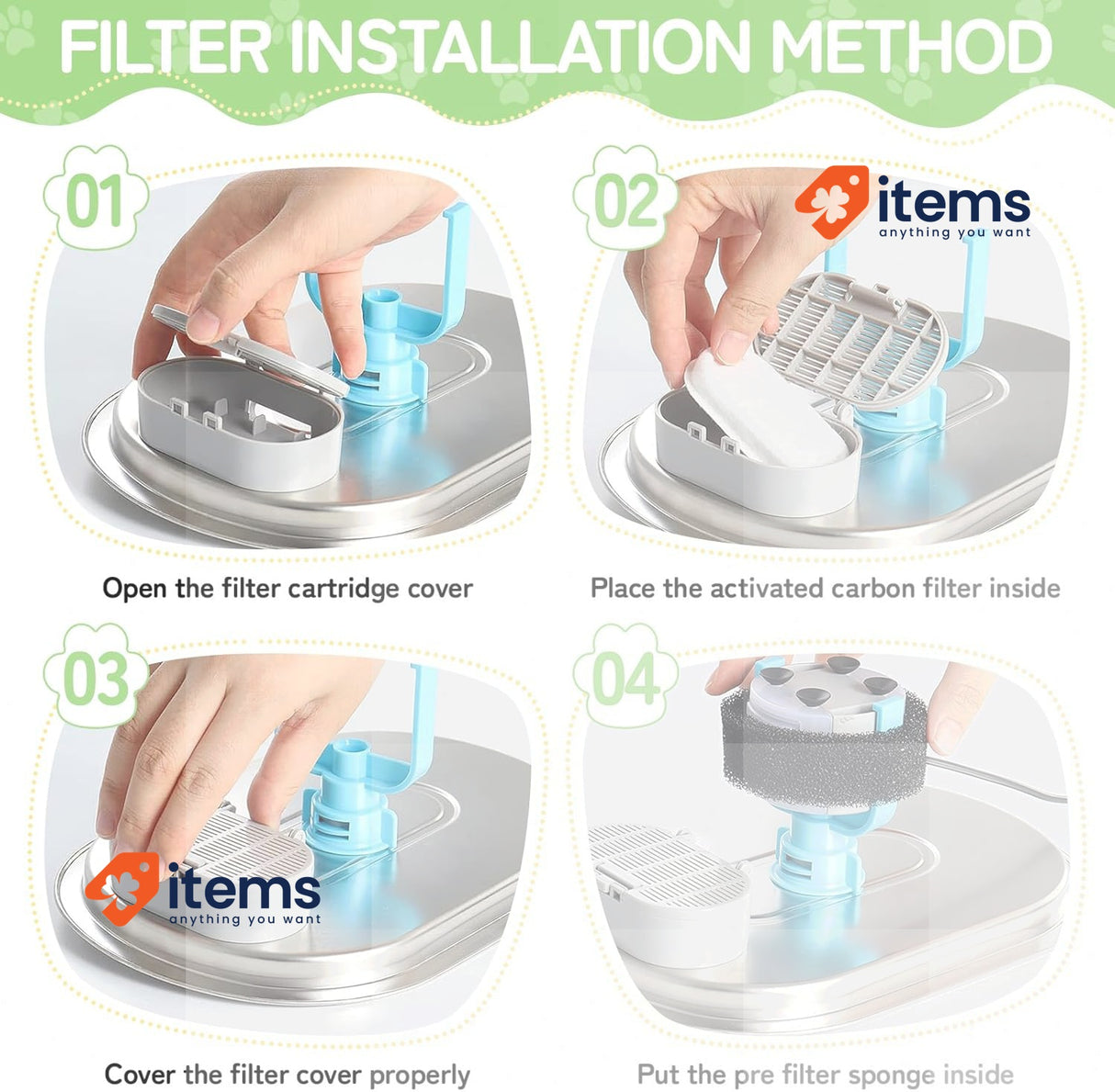 JAMATA Cat Fountain Filters 12+12, 12 Activated Carbon+12 Sponges for 3.2, 2L