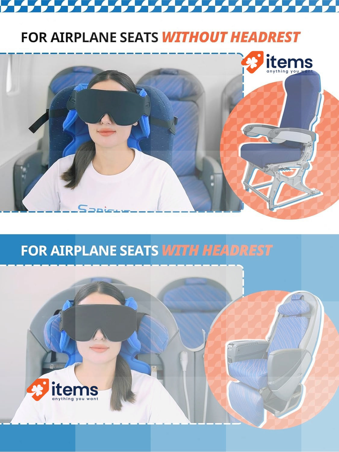 SARISUN Travel Pillow for Airplanes Airplane Pillow + Sleep Eye Mask 360° Black