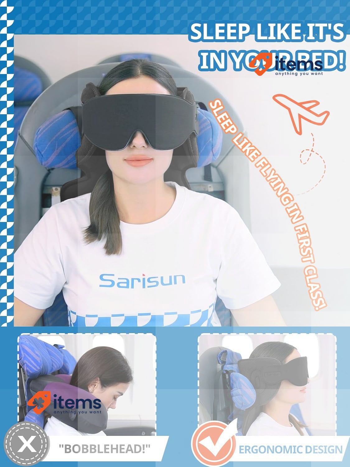 SARISUN Travel Pillow for Airplanes Airplane Pillow + Sleep Eye Mask 360° Black