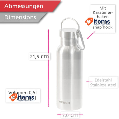 wenco Stainless Steel Water Bottle 0.5 L / 500 ml Insulated and Leak-Proof