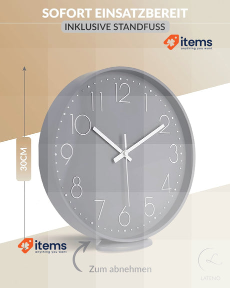 LATENO - Wall Clock for Standing or Hanging - Grey 30 cm - Silent