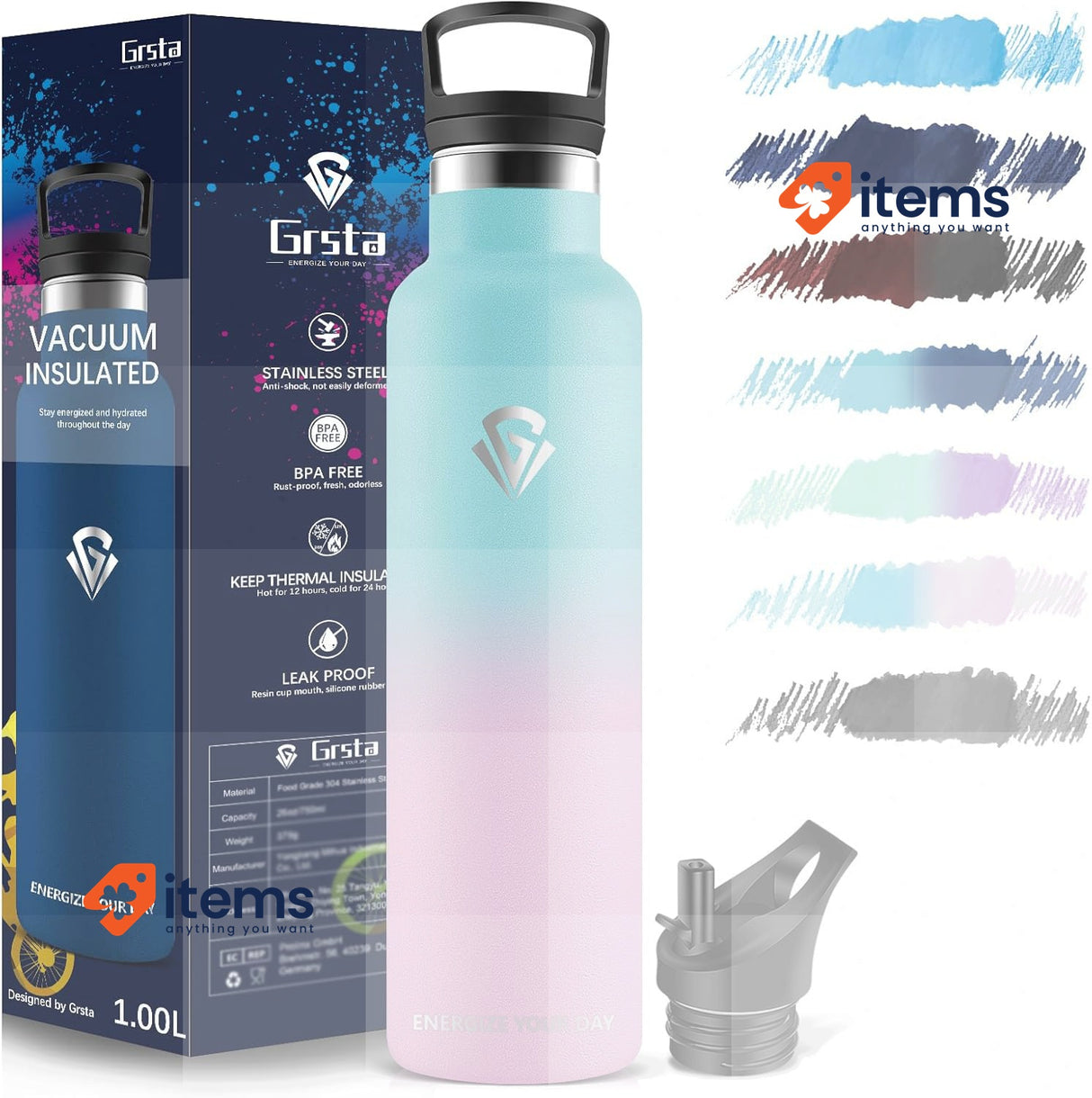 Grsta Drinking Sports Water Bottle Stainless Steel Leak-Proof, Blue and Pink 1L