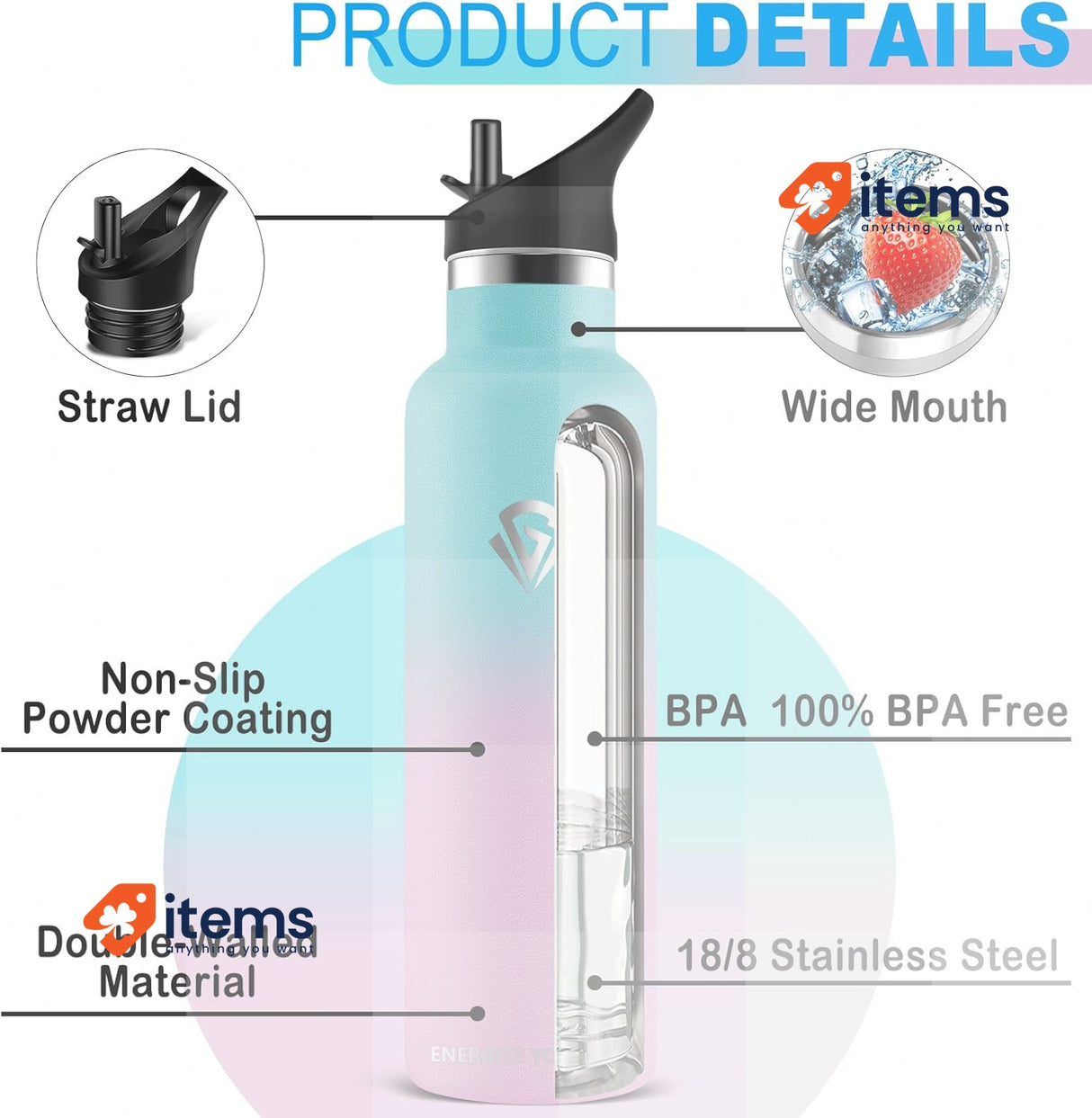 Grsta Drinking Sports Water Bottle Stainless Steel Leak-Proof, Blue and Pink 1L