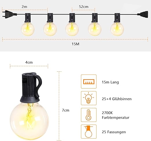 ROVLAK Luminous chain Exterior 15M, Exterior lights Garden Waterproof