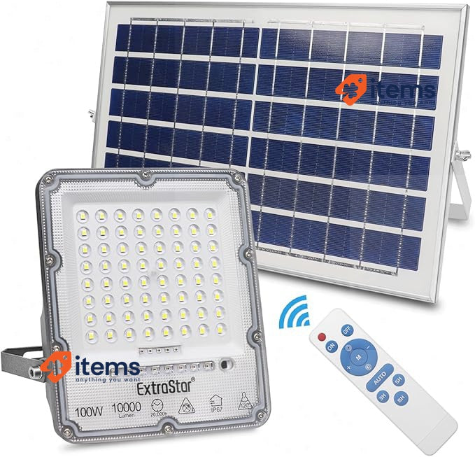 EXTRASTAR 100W Solar LED Floodlight Remote Control, 6500K Cool White Light