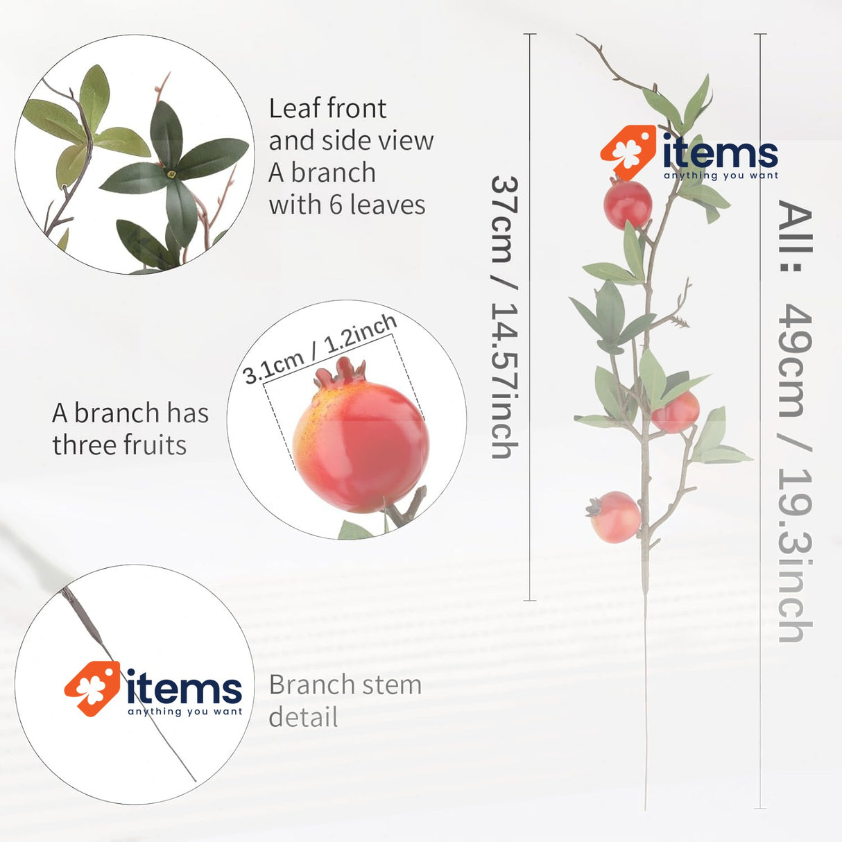 Woration 5 Pack Fake Pomegranate Branches, Artificial Fruit Branches, Realistic