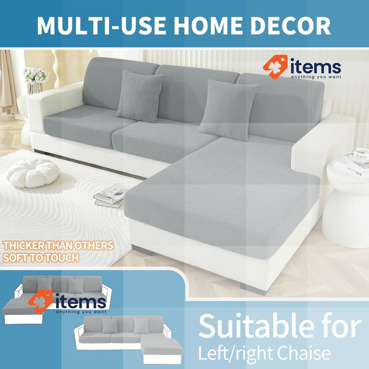 Ystyle Stretch Sofa Seat Cushion Covers, Chaiselongue, Light Grey Elastic
