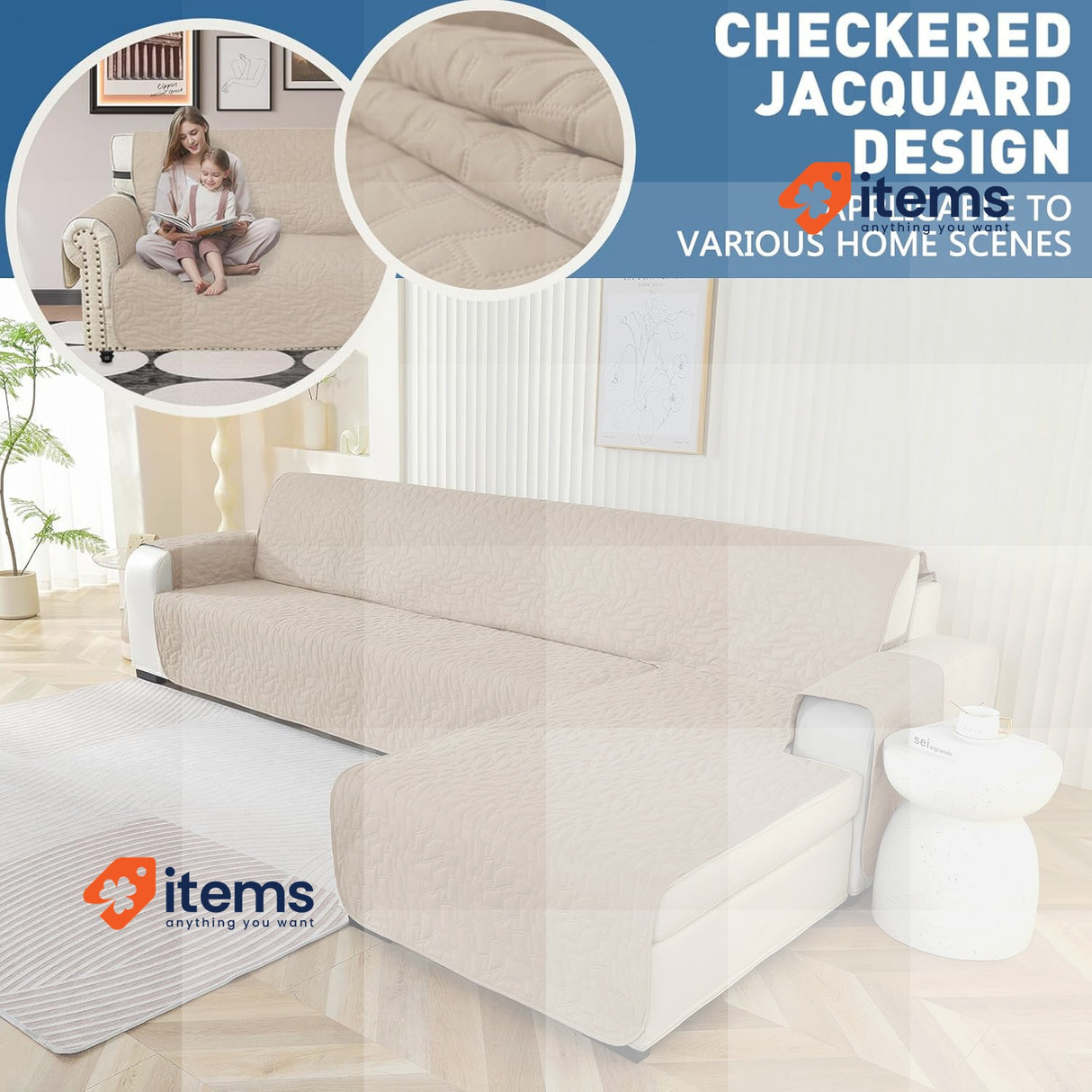 Ystyle Sofa Cover L Shape 4 Seater, Sofa Cover L Shape Waterproof 285 cm, Beige