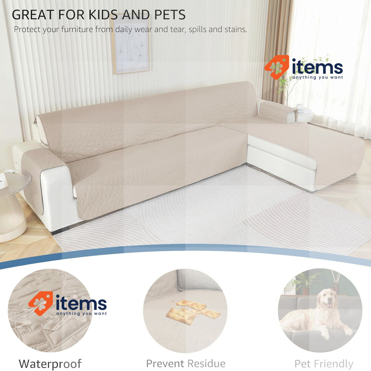 Ystyle Sofa Cover L Shape 4 Seater, Sofa Cover L Shape Waterproof 285 cm, Beige