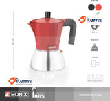 Monix Induction Inox Stainless Steel Coffee Maker 6 Cup Capacity Red