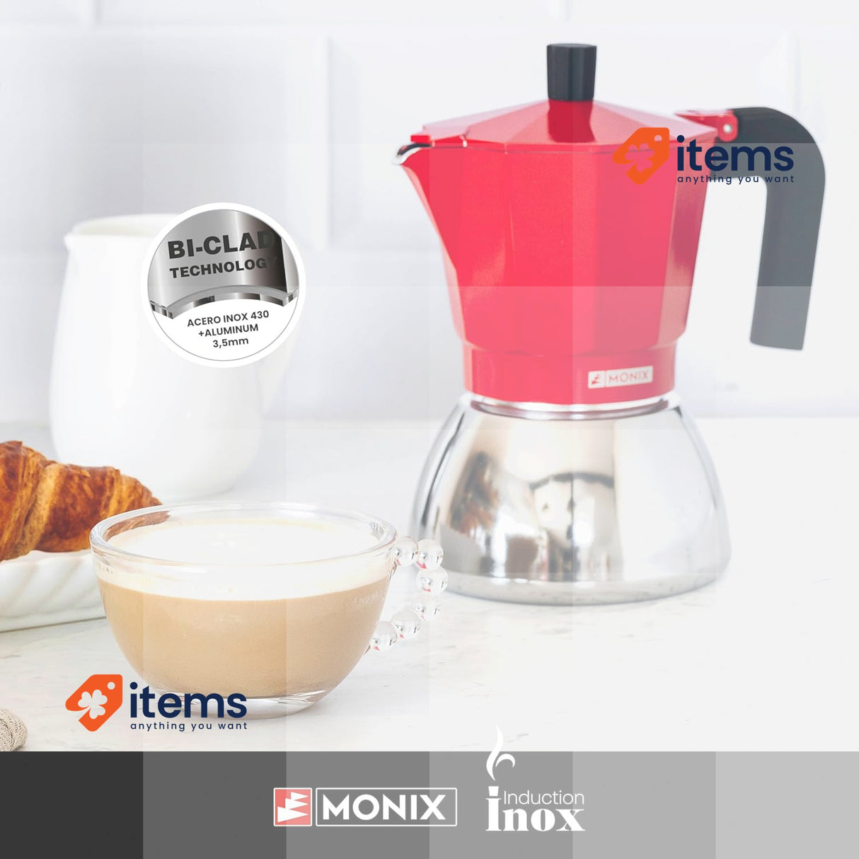 Monix Induction Inox Stainless Steel Coffee Maker 6 Cup Capacity Red