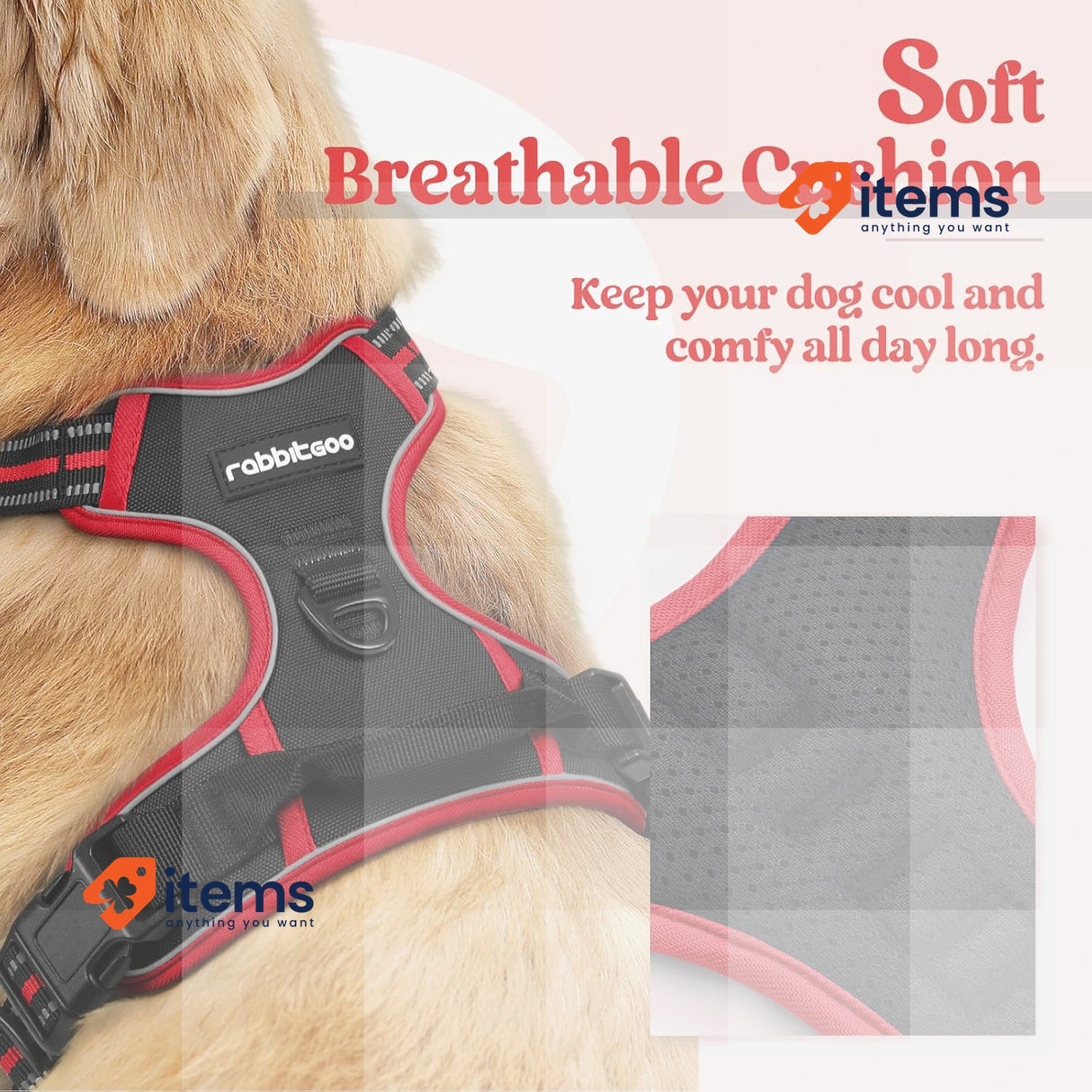 rabbitgoo Dog Harness Large Dog No Pull Pet Harness 2 Leash Clips Adjustable XL