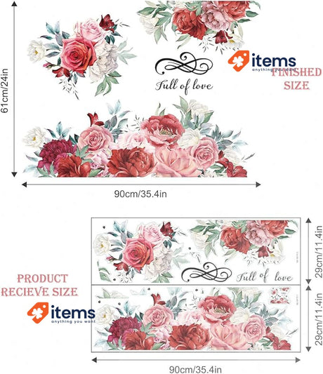 Supzone Penoy Rose Floral Wall Stickers Large Flower Bouquet Blossom Wall Decal