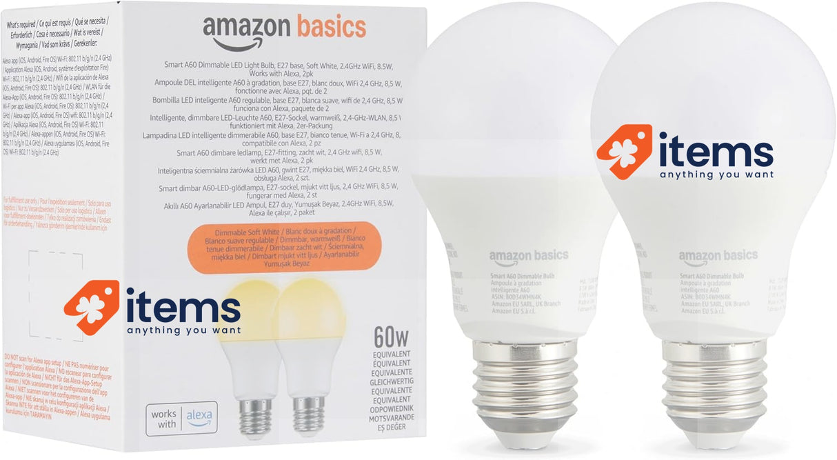 Amazon Basics Smart A60 Dimmable LED Light, E27 Base, Soft White, 2.4GHz WiFi
