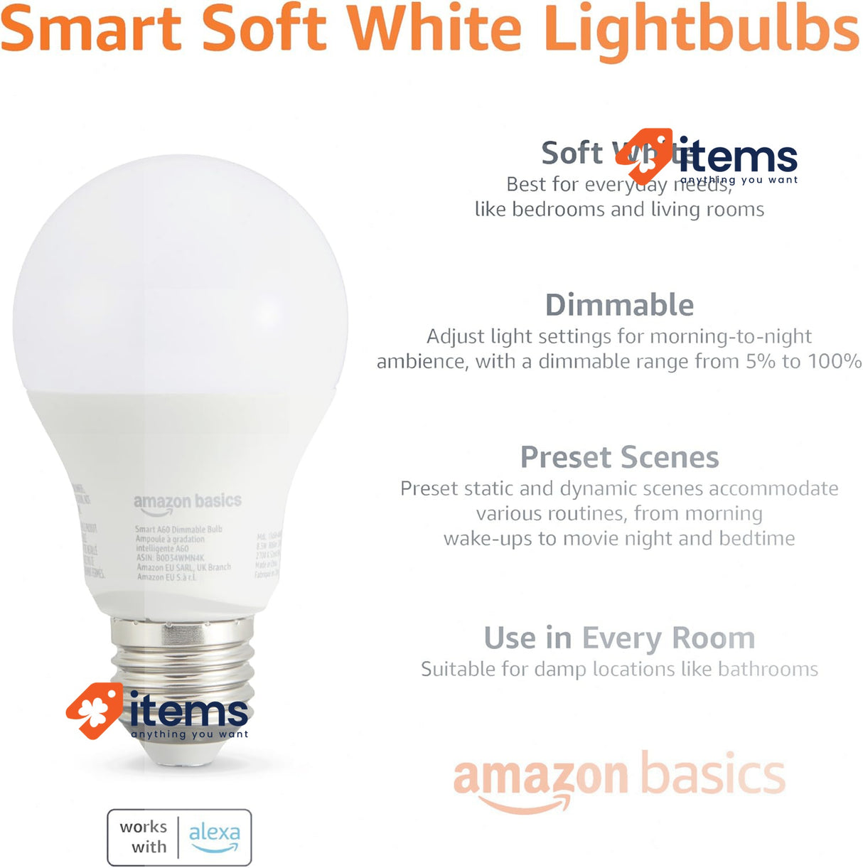 Amazon Basics Smart Dimmable LED Light Bulb, E27 White Works with Alexa Only x2