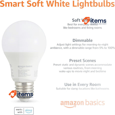 Amazon Basics Smart A60 Dimmable LED Light, E27 Base, Soft White, 2.4GHz Wifi 8W