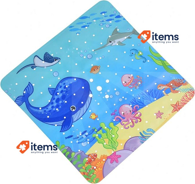 OTraki Baby Bath Mats Non Slip, 53x53cm Cartoon Shower Mat Blue