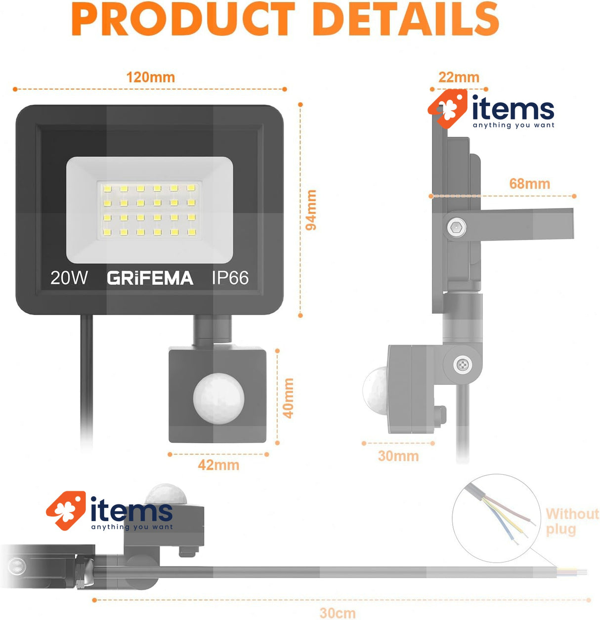 GRIFEMA 20W LED Floodlight Motion Sensor 2200LM 6500K Cool White Waterproof IP66