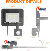 GRIFEMA 20W LED Floodlight Motion Sensor 2200LM 6500K Cool White Waterproof IP66