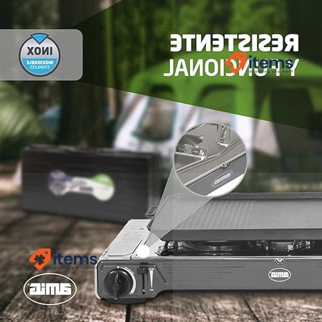 Amig Camp02, Camping Gas Stove With 2 X Burners And Gril Pan, 2.2 Kw Power Iron