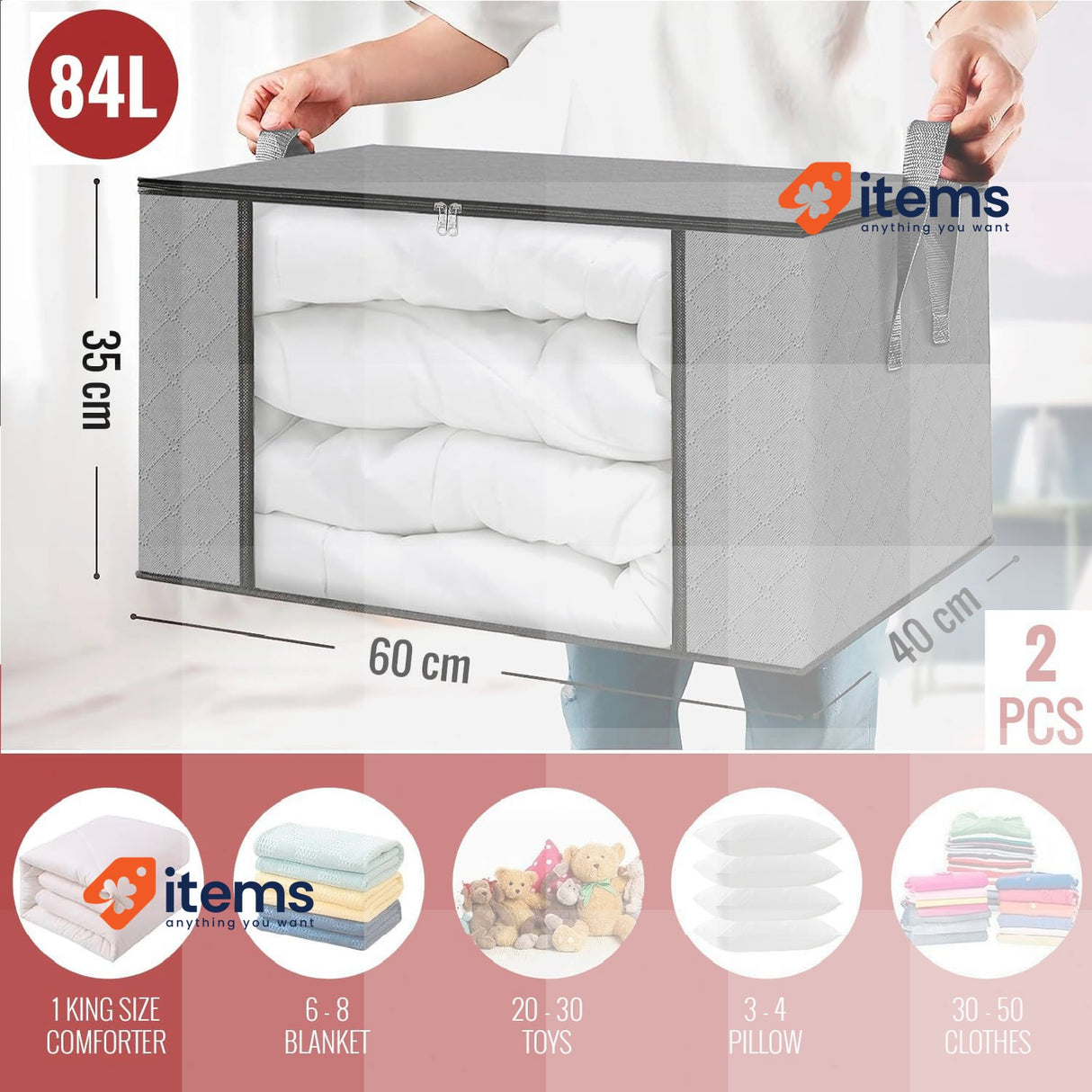 edihome Clothes Storage Bag, 2 pieces, Wardrobe Organiser w/ Reinforced Handles