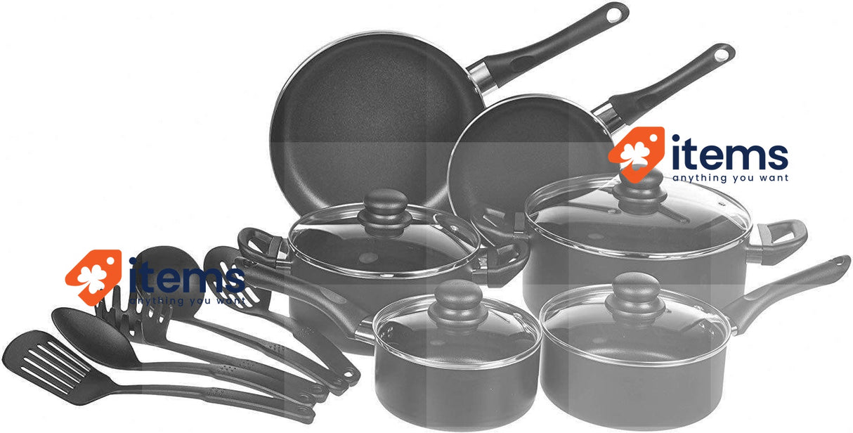 Herzberg HG04241 13-Piece Non-Stick Cookware Set, Black, Durable Carbon Steel