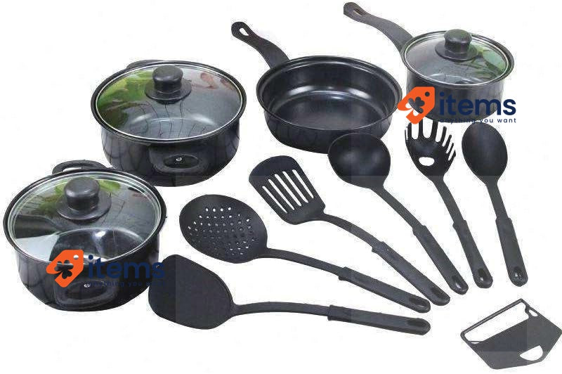 Herzberg HG04241 13-Piece Non-Stick Cookware Set, Black, Durable Carbon Steel