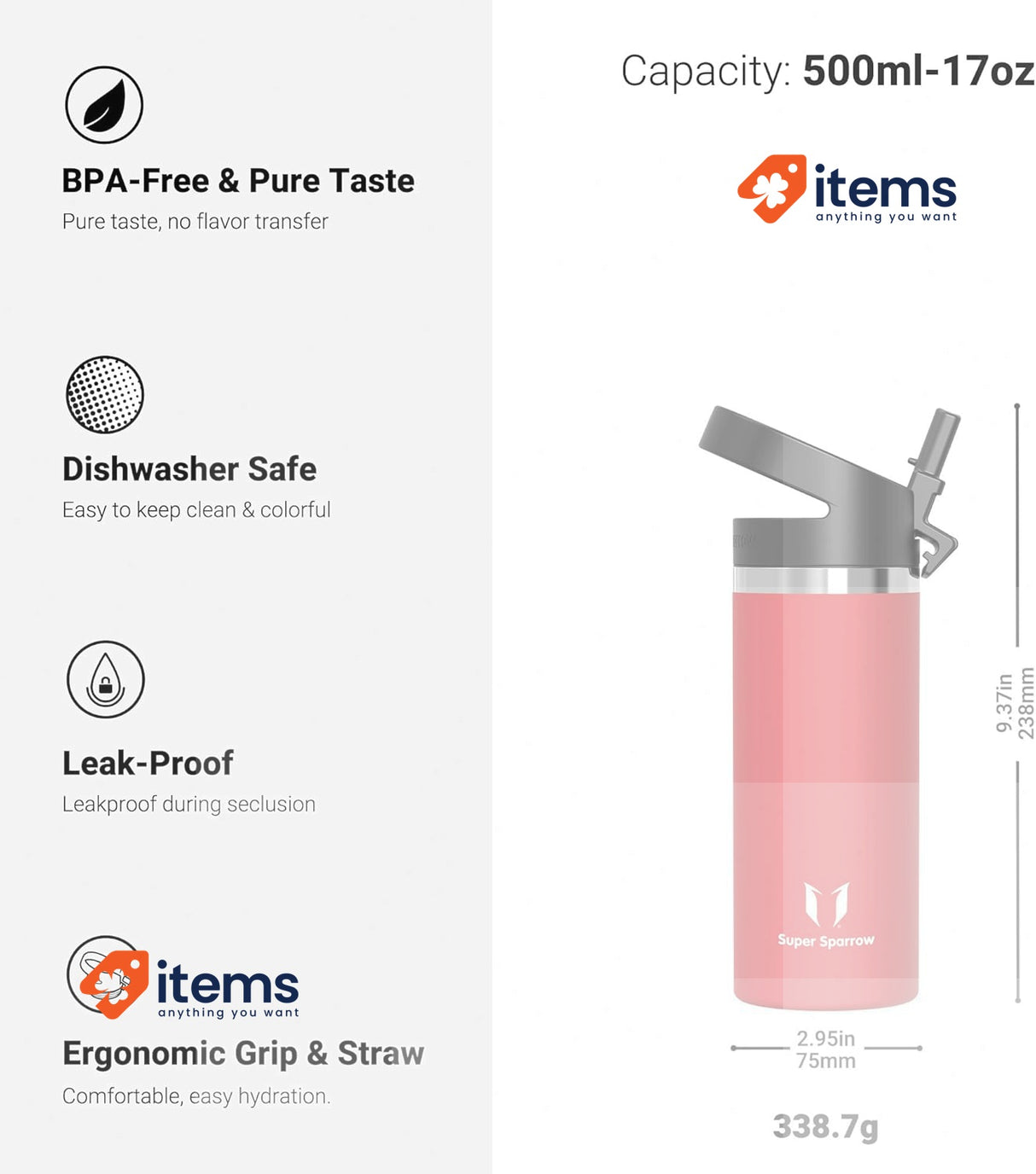 Super Sparrow Water Bottle Insulated, 500ml, SwivelSip Flask Leak Proof Wide