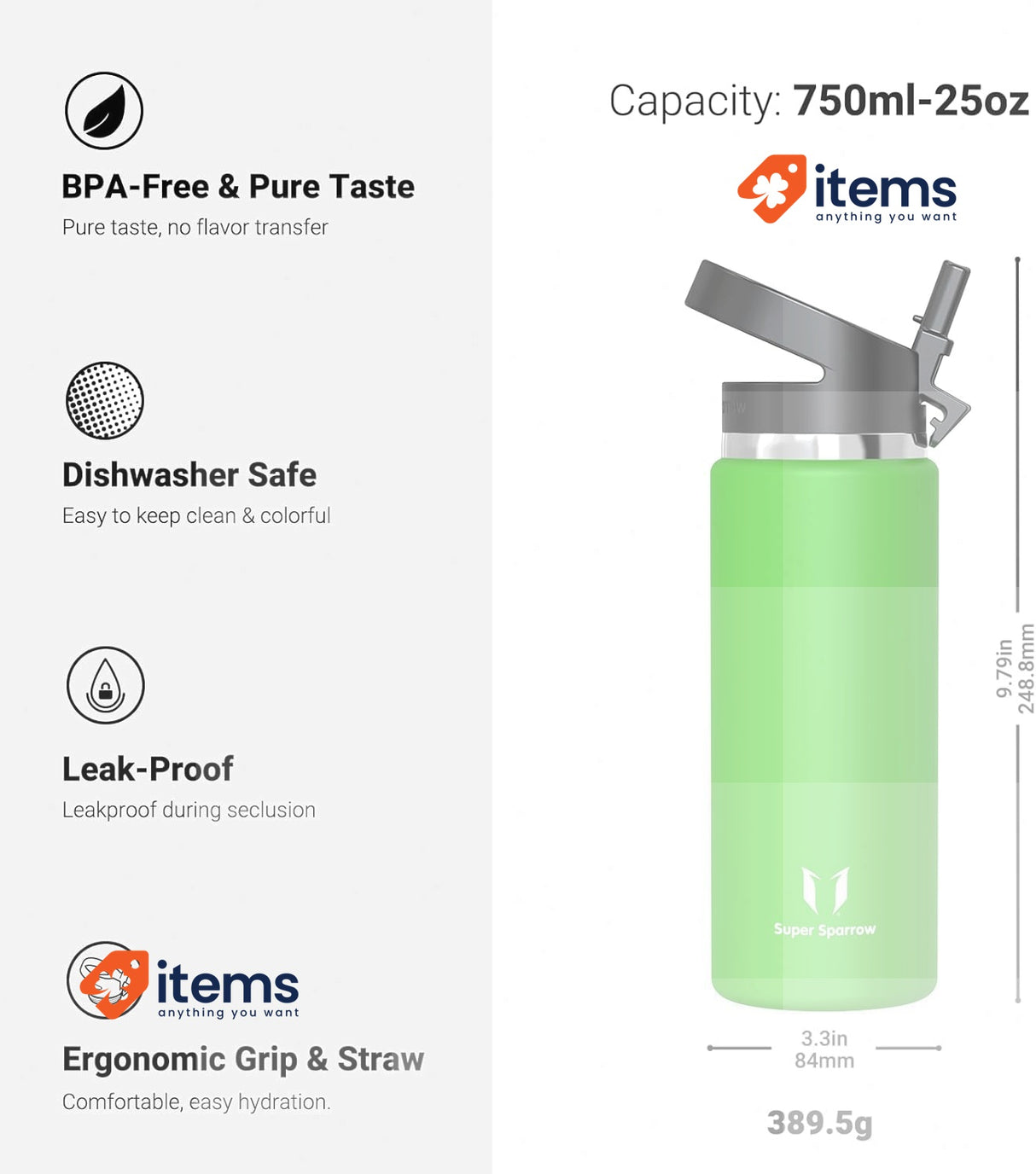Super Sparrow Stainless Steel Thermos Drinking Bottle BPA-Free Apple Green 750ml