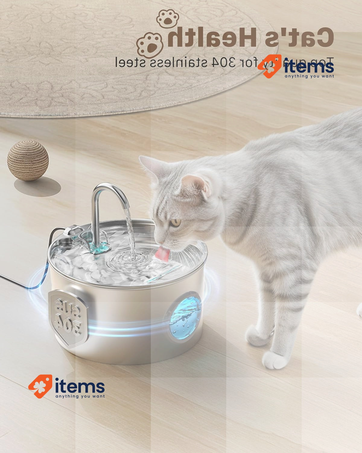 GIOTOHUN Stainless Steel Cat Fountain Automatic Cat Water Fountain 2.2L Cat Cats