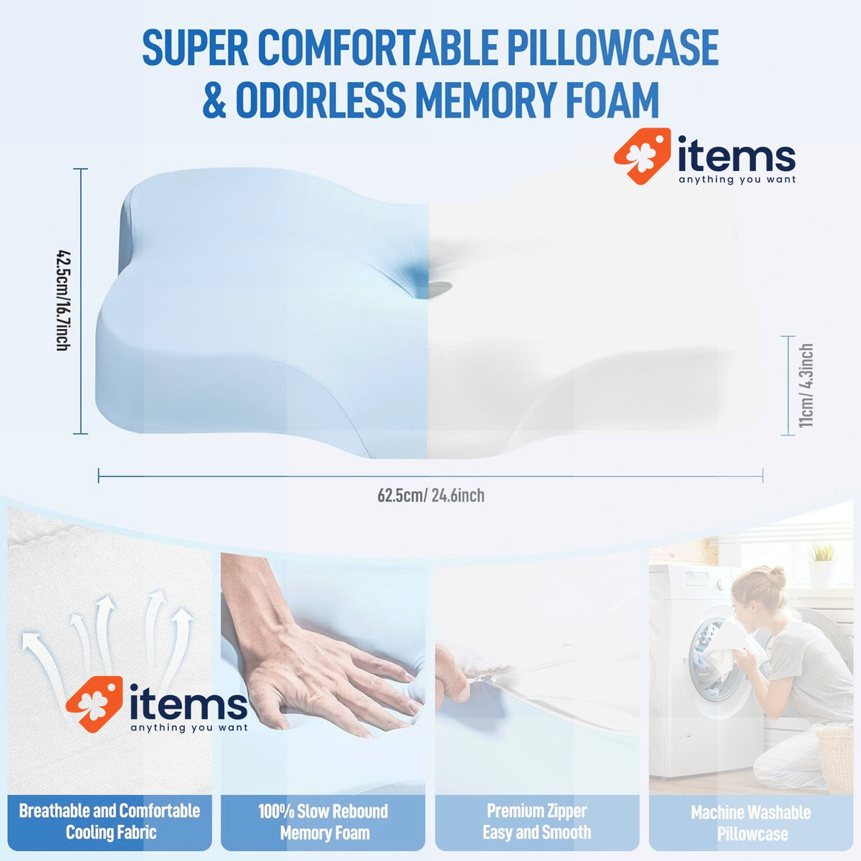 JIREST Double Core Sleeping Neck Care Pillow Soft Support Memory Foam Grey