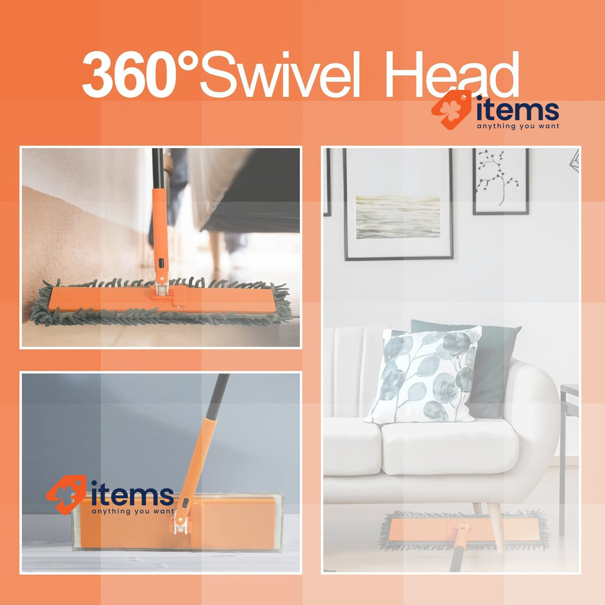 JEHONN Flat Mop Hardwood Floors Broom Duster Foldable 2Chenille 2Microfiber Pad