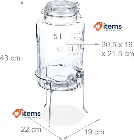 Relaxdays Drinks Dispenser with Stand, 5 litres with Tap, Clip Top, Transparent