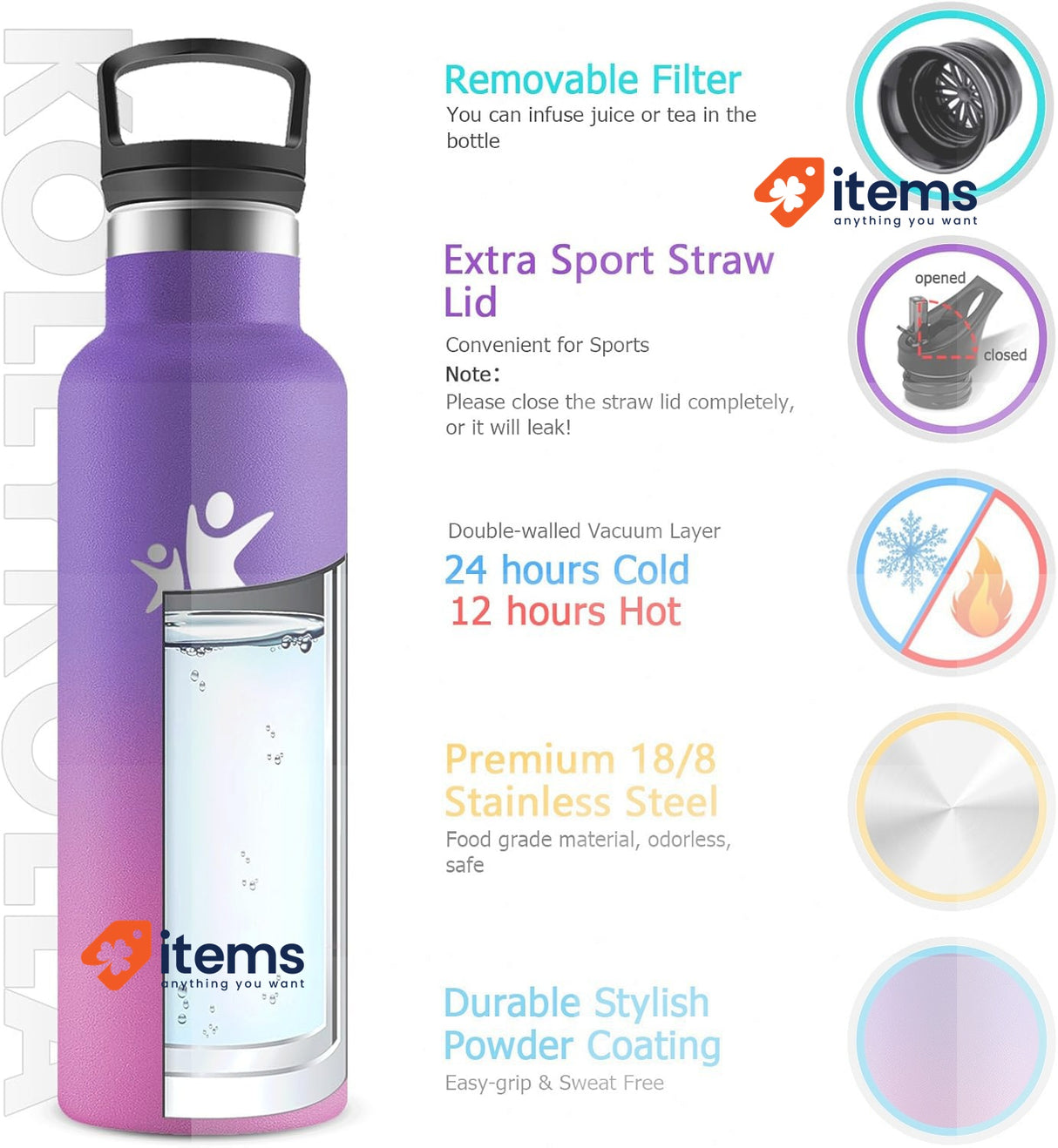 KollyKolla Children Stainless Steel Water Bottle 500 ml Thermos Flask BPA-Free