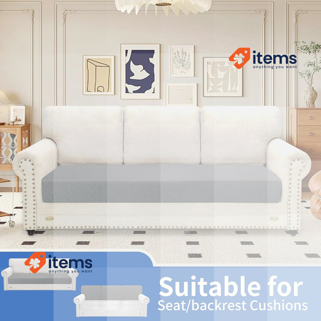 Ystyle Stretch Sofa Seat Cushion Covers, 3 Seater Elastic Sofa Cushion, Grey